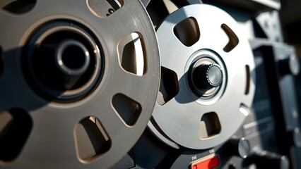 Close-up of a vintage audio tape recorder with detailed reels and knobs showcasing classic technology and design.
