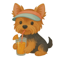 Adorable watercolor Yorkie dog wearing a pastel visor and drinking orange juice with a fruit slice. Perfect for summer clipart, planner stickers, and seasonal greeting cards.