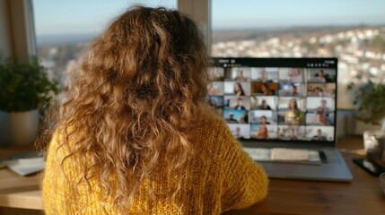 A teacher leads an online class from home, engaging with students via laptop.