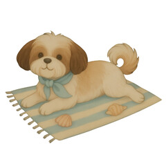 Adorable watercolor clipart of a cute dog lying on a striped towel with seashells. Perfect for summer, beach, nursery, or greeting card illustrations.