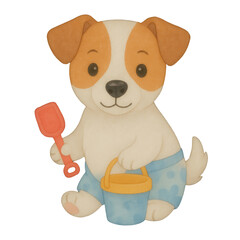 Charming watercolor clipart of a cute puppy in blue shorts, holding a beach bucket and red shovel. Perfect for summer-themed designs, invitations, and children’s products.