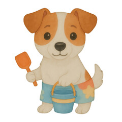 Adorable watercolor-style dog in colorful swim trunks holding a beach bucket and shovel. Perfect summer clipart for planners, cards, and kids’ products.