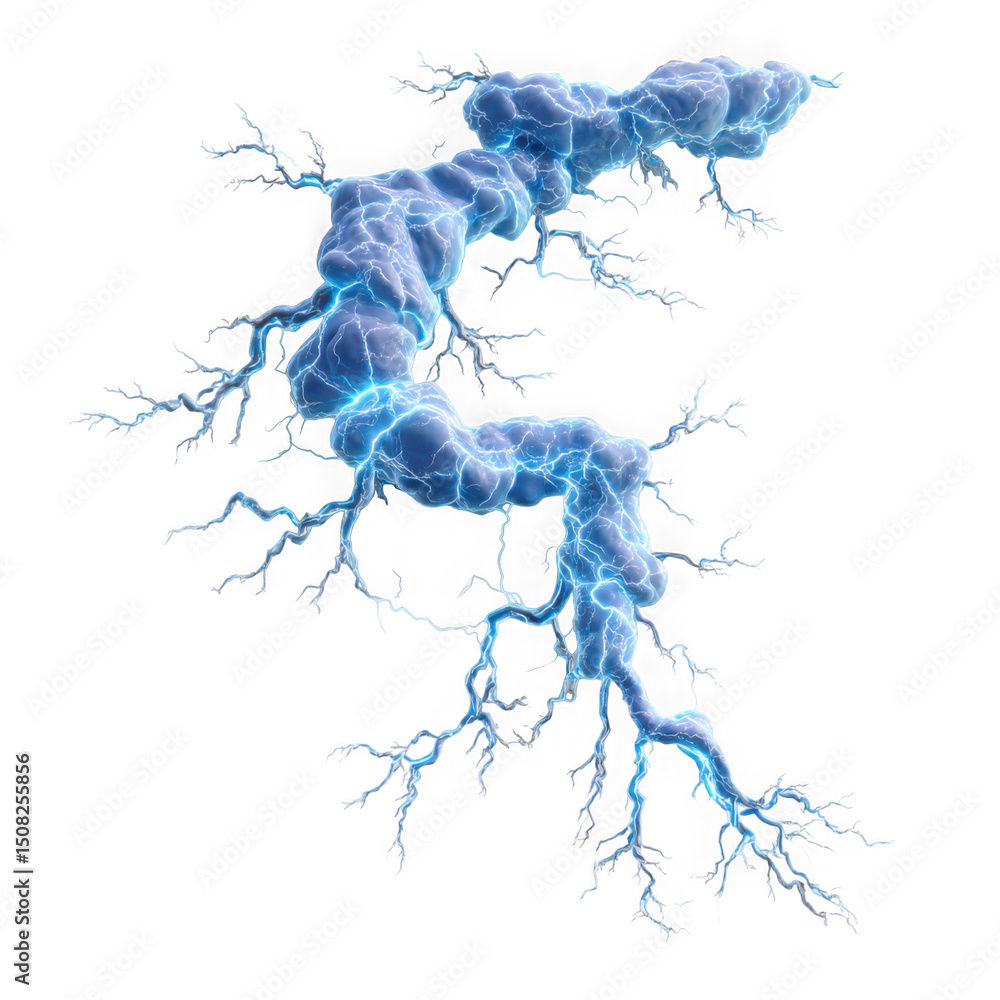 Poster abstract blue lightning bolt branching structure isolated on transparent background