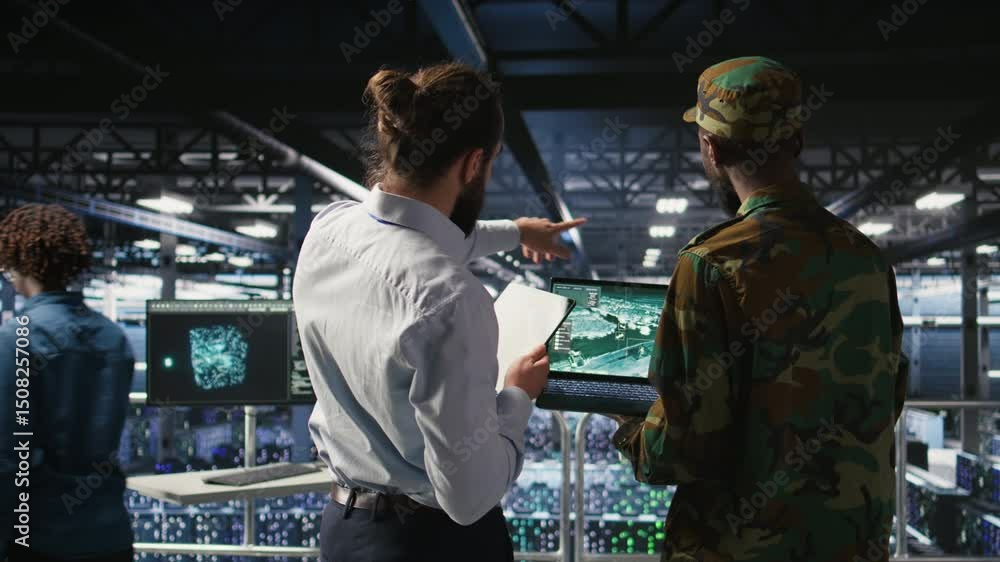 Poster army operators in data center using laptop to run drone control software, looking at mission map ove