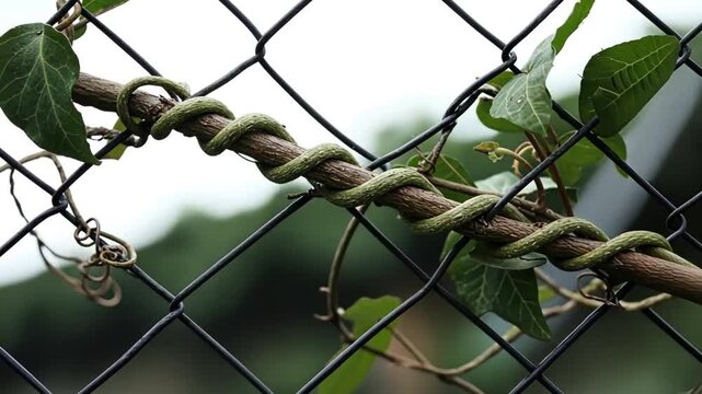 Green leaves naturally weave through a textured chain link fence with a steel wire security barrier