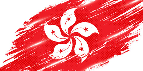 Hong Kong Flag in Grunge Brush Style with Halftone and Glow Effects. Flag of Hong Kong in Abstract Concept