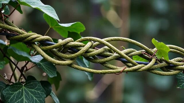 Close up of green tree branches with a brown rope knot against a white background
