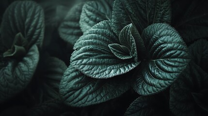 Fototapeta premium Close-Up Shot Shows Lush Green Leaves Displaying Intricate Veins And Textural Details, Creating A Natural Composition. Botanical study, nature's beauty, plant life, wallpaper background