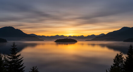 Fototapeta premium Serene Sunrise over Mountain Lake with Island Silhouette Misty Golden Hour Landscape