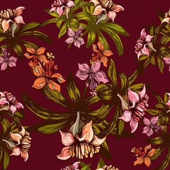 Seamless exotic pattern with tropical plants
