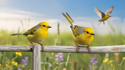 Fototapeta premium Western Yellow Wagtail in natural motion — resting on a twig and soaring through the air, vibrant and detailed
