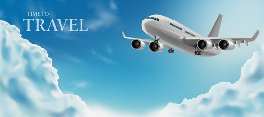 airplane flying through the clouds in the blue sky. 3D realistic design template vector illustration.travel concept background, banner and time to travel advertising backdrop element.