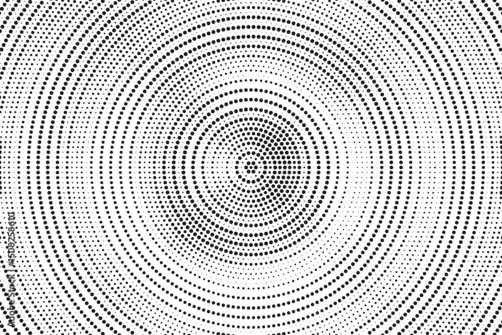 Aufkleber Radial halftone gradient background. Dotted concentric texture with fading effect. Black and white circle shade wallpaper. Grunge rough vector. Monochrome backdrop