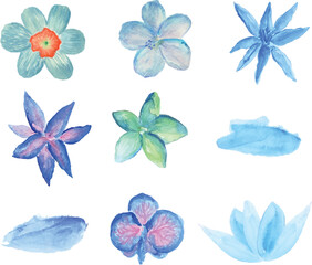 set of blue flowers abstract watercolor hand drawn