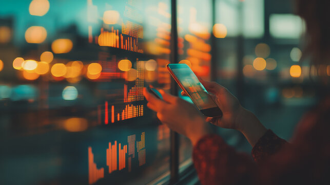 businesswoman used smartphon stands on the peak of success amid tall, innovative Smart city and graphs with statistics to analyze business potential and predict future developments in company growth.