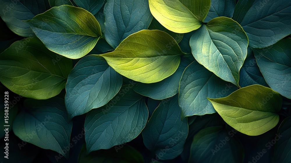 Poster pattern of hosta leaves in chartreuse and dark green creating a tranquil botanical atmosphere
