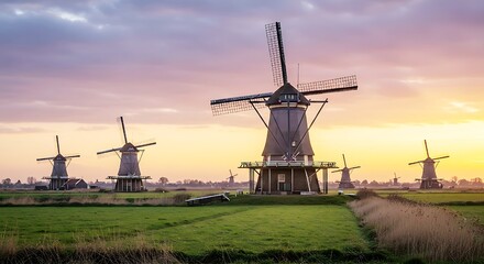 Timeless Windmills at Sunset – A Serene Glimpse into Rustic Charm"
