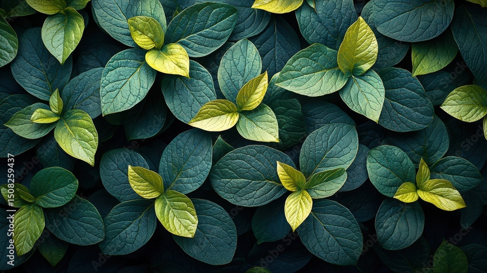 Poster pattern of hosta leaves in chartreuse and dark green shades creating a lush botanical background