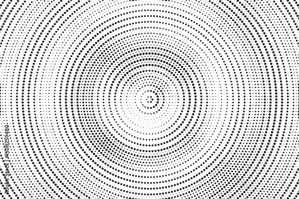 Aufkleber Radial halftone gradient background. Dotted concentric texture with fading effect. Black and white circle shade wallpaper. Grunge rough vector. Monochrome backdrop