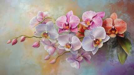 watercolor botanical Orchid flowers texture template background.Elegant wedding invitation card background . Minimal hand painted Design for wedding or Valentine's Day