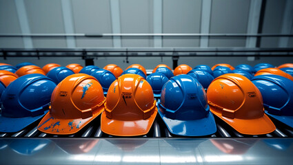 Safety First: Row of Orange, blue Hard Hats