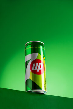 Lviv, Ukraine - May 25, 2025: Pepsi 7up fizzy lemon and lime soda drink can on green background. Front view