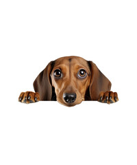 Cute brown dachshund puppy sitting isolated on a white background