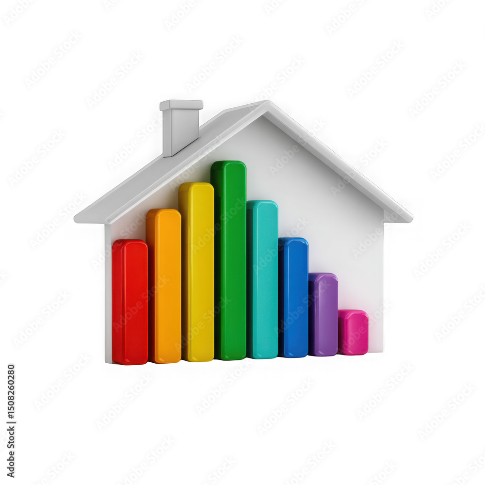 Poster rainbow bar graph in house shape isolated on transparent background