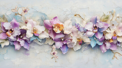 watercolor botanical Orchid flowers texture template background.Elegant wedding invitation card background . Minimal hand painted Design for wedding or Valentine's Day