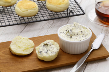 Homemade butter mixed with dulse seaweed and scones.