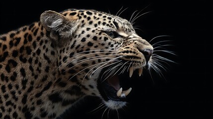 Fototapeta premium Leopard Head Reveals Sharp Teeth And Tongue As It Yells Against A Plain Black Background. Wild animal, predatory behavior, fierce expression, Wallpaper Background