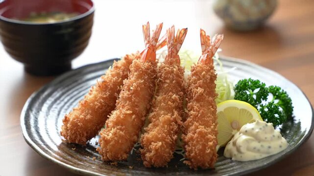 Ebi fry with cabbage, lemon, and tartar sauce, cinematic orbit and zoom
