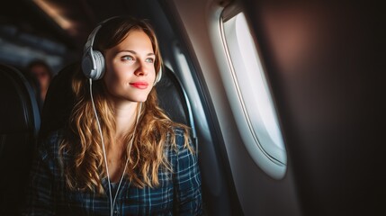 Young woman enjoying a flight while listening to music with headphones on a sunny day