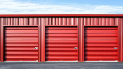 Vibrant red self storage facility with three garage doors under clear sky