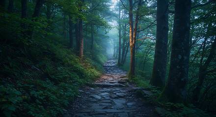 Fototapeta premium Mystical Stone Path Winding Through a Foggy Green Forest