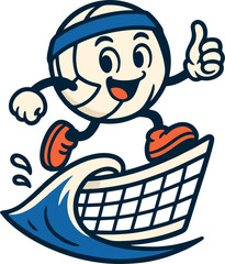 Volley Logo - Playful volleyball character surfing on net wave