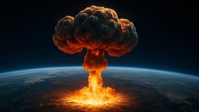 Nuclear mushroom cloud explosion seen from space, video footage.
