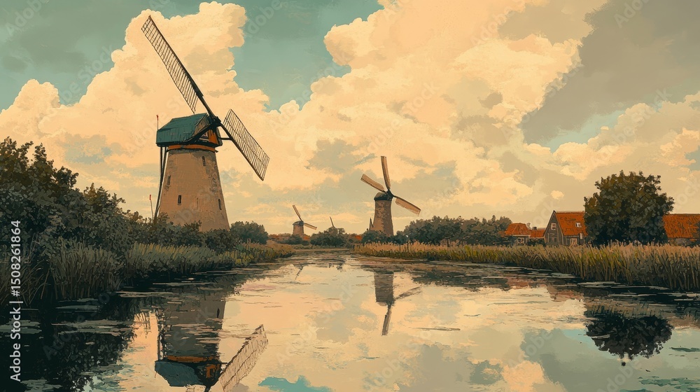 Poster windmills are reflected in water near trees and a building under a cloudy sky.