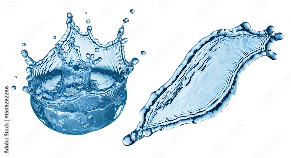 Poster two dynamic water splashes isolated on black background clean refreshing liquid