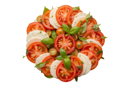 Fresh caprese salad with ripe tomato slices mozzarella and basil leaves artfully arranged on black background