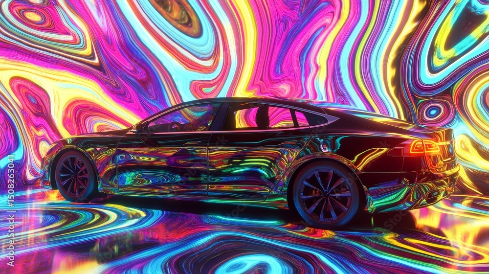Poster black car with psychedelic colorful pattern on a reflective surface and background.