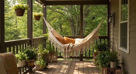 Cozy outdoor hammock on a porch surrounded by lush greenery and decorative plants, perfect for relaxation and tranquil moments in nature