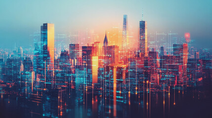 Fototapeta premium Smart digital Innovation City of the business world with connection financial business data all the time network reciprocity over the twilight cityscape. of future cyber security wireless digital city