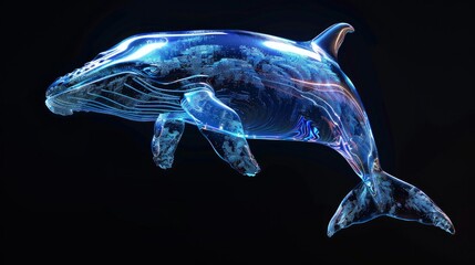Glowy, abstract whale with blue lines on a black background. Futuristic ocean life concept. AI generative.