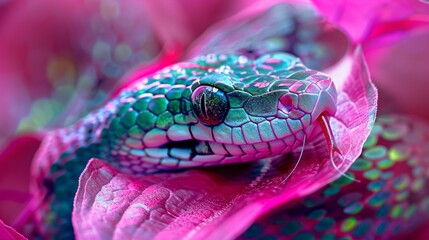 Close-up of a vibrant snake with colorful scales and a forked tongue, nestled in soft pink petals. AI generative..