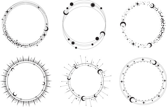 Circle frame with star dust. Round celestial border with sparkles on white background. Magic cosmic rings with astrology symbols. Spiritual elements for Christmas and astrology design
