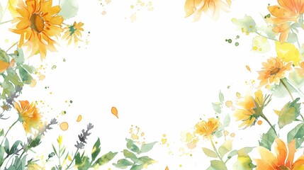 Watercolor frame with golden flowers, leaves and paint splashes on a white background. AI generative..