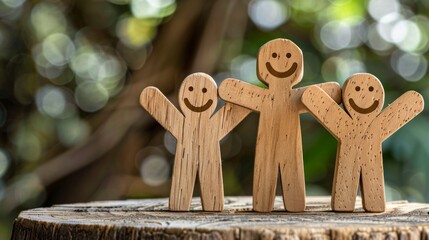 Wooden figures with smiles stand on a log, nature backdrop. Concept of unity and friendship. AI generative.