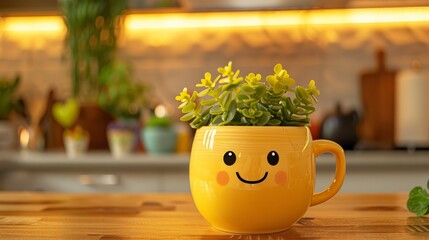 Yellow cup with a smiley face and green plant on a kitchen counter, warm light. AI generative..
