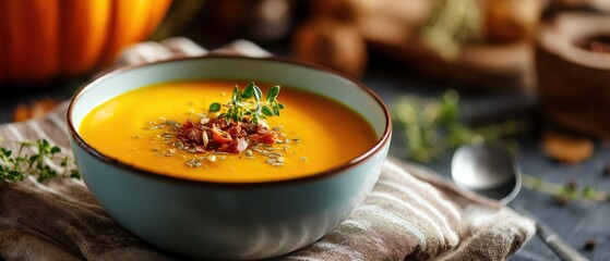 Creamy pumpkin soup in a blue bowl, garnished with crispy bacon, thyme, and pumpkin seeds Delicious autumn comfort food concept for Thanksgiving or Halloween